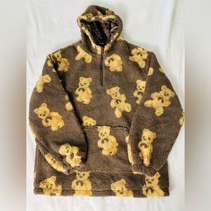 Vamtac Unisex Bear Graphic Sherpa Pullover Hoodie with 1/4 Zipper Size Large
